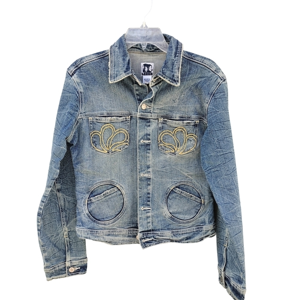 Honee Embroidered Denim Jacket Women's Large Blue Gold Y2K Statement Jean Jacket